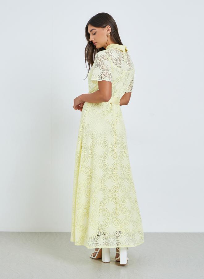 Styli Women Yellow Lace Shirt Maxi Dress - Image 4